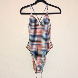 J. Crew Gingham Plaid Strappy Lace-up Swimsuit